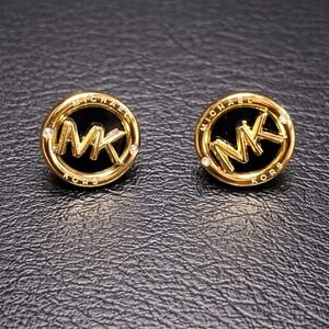 MICHAEL KORS Womens Logo Stud Earrings Black Enamel Gold Tone Signature